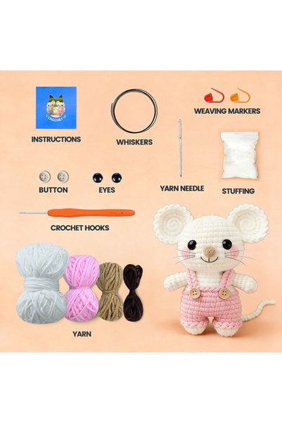 Choice1 Pink Crochet Kit, Mouse Overalls Crochet Starter Kit For Adult Beginn...