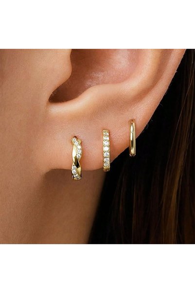 Choice 3Pcs Gold 3Pairs Twist Huggie Earring Set For Women, Fashion Tragus Ho...