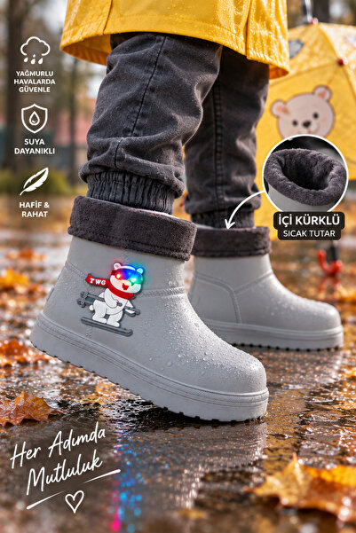 Twingomax Çocuk Kışlık Emojili Işıklı Konforlu Yağmur Çizmesi Unisex