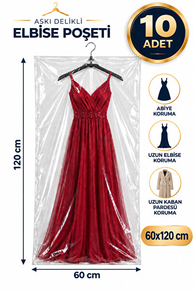 Askı Delikli Uzun Elbise Kılıfı 60×120 cm - Şeffaf Elbise Koruma Torbası 10 Adet