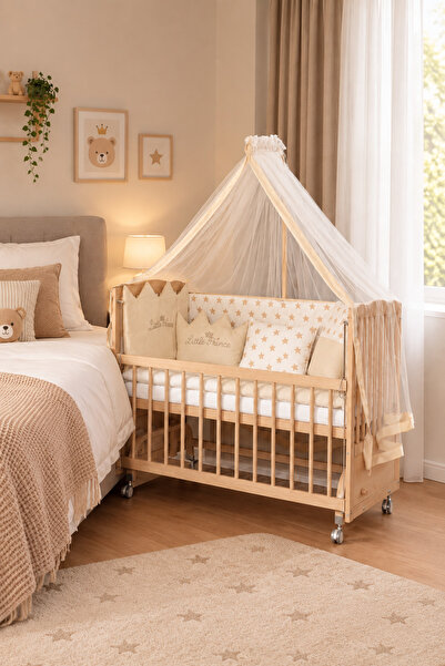 Bamgidoo Ahşap Anne Yanı Bebek Beşiği 60x120 Portatif Tekerlekli Boyasız