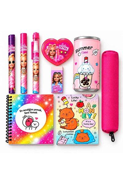 Barbie Lisanslı Hediye Kırtasiye Seti - Kutulu Islak Mendil, Kalemlik, Ayna, ...