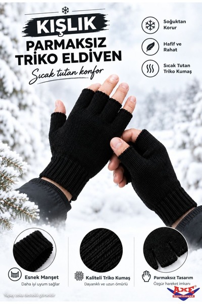 AXE SPORTSWEAR Kışlık Unisex Siyah Parmaksız Kesik Yarım Parmak Örme Triko El...