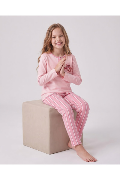 vitmo Kız Çocuk Uzun Kollu Düğme Detaylı %100 Pamuklu Pijama Takımı Best Dream