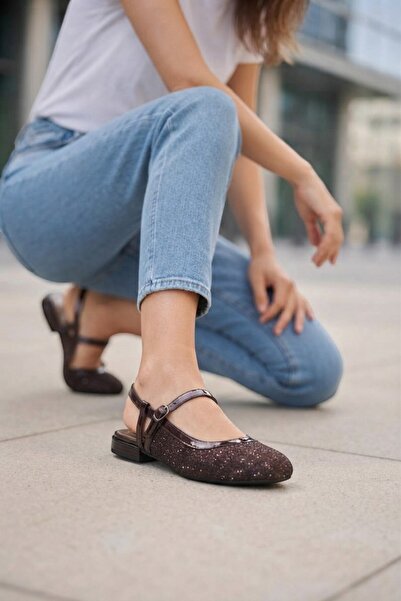 ForYou4 Minor Tweed Black Tape Detailed Ballerina Flats Mary Jane