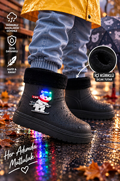 Twingomax Çocuk Kışlık Emojili Işıklı Konforlu Yağmur Çizmesi Unisex