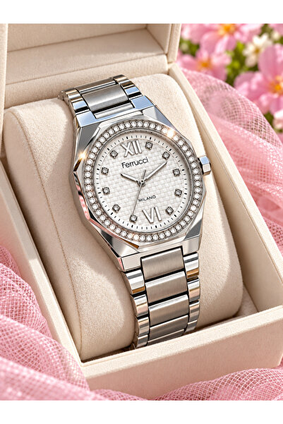 Ferrucci White Dial Silver Steel Band Women's Wristwatch Evil Eye Beaded Brac...