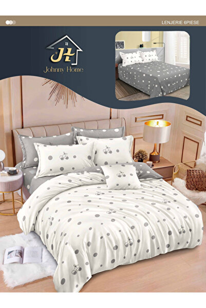 Pucioasa Set de lenjerie de pat Finet 6 piese, Crem/Gri cu buline și cireșe-R536