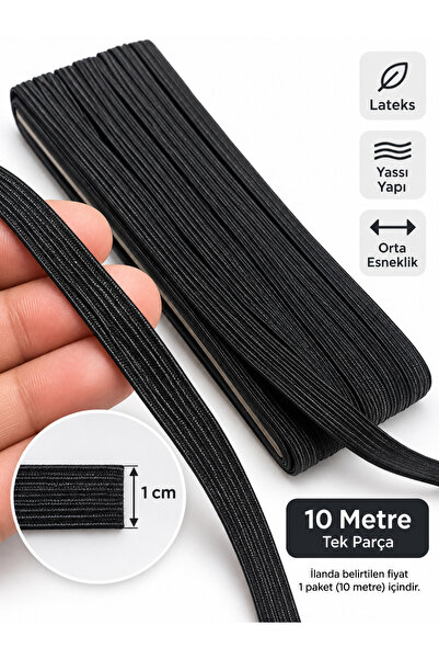 Kardelux Siyah 1 Cm Eninde 10 Metre Yassı Lastik Bel Paça Lastiği Lateks No:2...