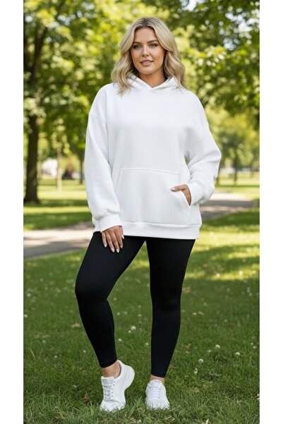 LADY HAZAL White Hooded Model Oversize Fit Regular Unisex Sweatshirt