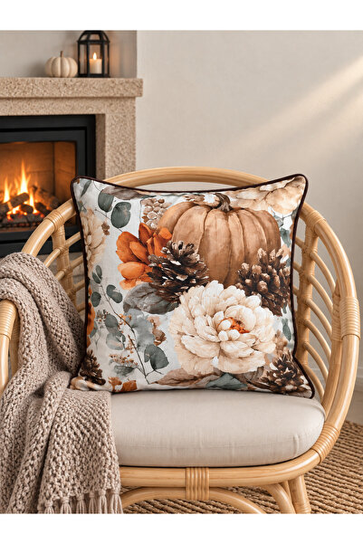 Decamor home Pumpkin Patterned Brown and Tile Cushion Cover with Piping Detai...