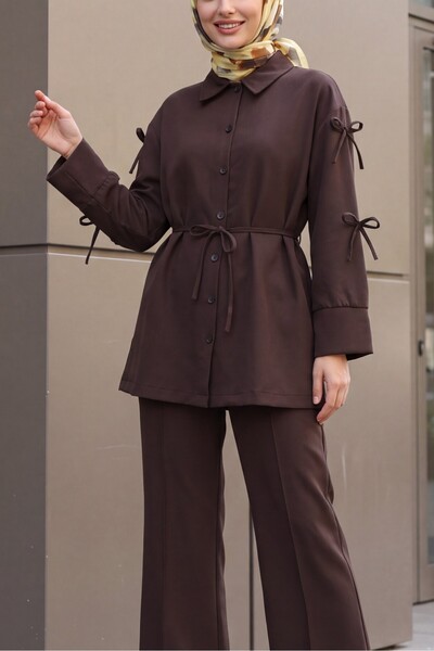 Modamorfo Imported Crepe Trouser Suit with Bow Detail on the Sleeves -K. Coffee