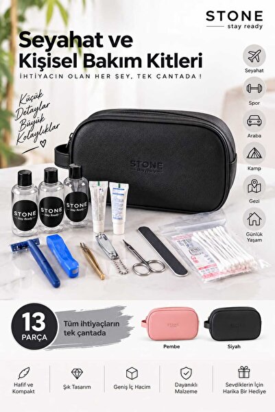 Stone Ready Kit Stone 13 Parça Seyahat Seti - Vegan Deri Çantalı - Siyah - Er...