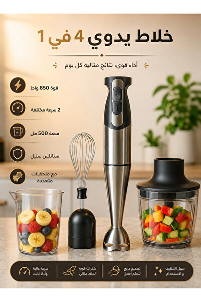TOSCANA U خلاط يدوي 4 في 1 بسرعتين 850 واط و وعاء بسعة 500 مل، خلاط كهربائي س...