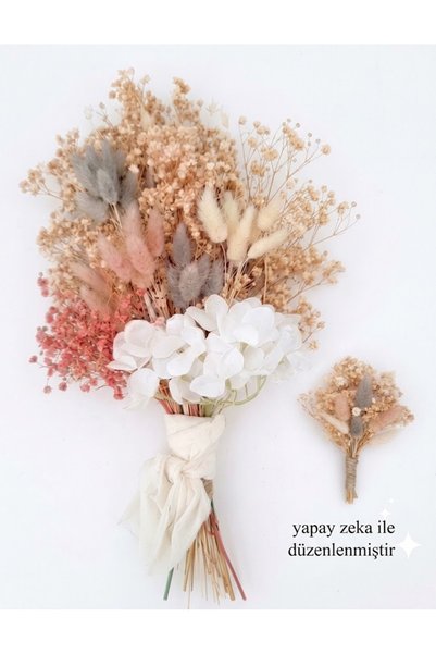 BİRLİK MGM Pastel Düşler Soft Renkler Çiçek Gelin Buketi ve Yaka Çiçeği Seti