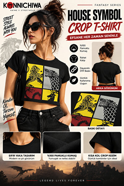 FG KONNİCHİWA Game of Thrones House Symbol Printed Black Women's Crop T-Shirt...