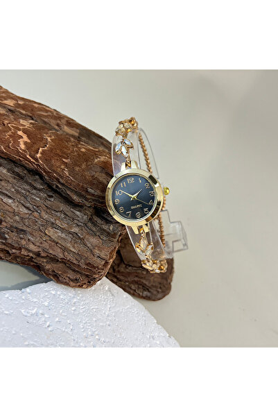 Choice1 black Round Alloy Case Arabic Numeral Classic Dial Leaf-Shaped Diamon...