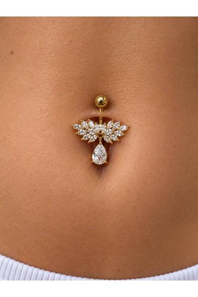 Arescollection ZİRKON TAŞLI ÇELİK DAMLA SALLANTILI GÖBEK PİERCİNGİ
