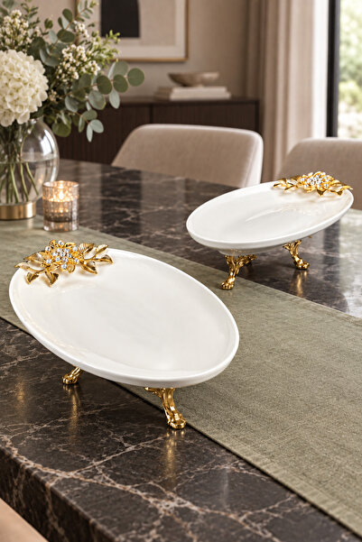 MAY HOME Bron 2'li Oval Porselen Sunumluk Tabak & Ayaklı Tabak