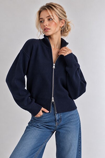 Lusin Women's Navy Blue Stand Collar Double Zipper Stylish Knitwear Cardigan