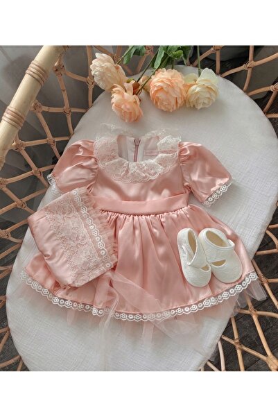 Pugi Baby Prenses Elbise 4 parça Set Kız Bebek Pamuklu Astarlı Babyshower-Doğ...