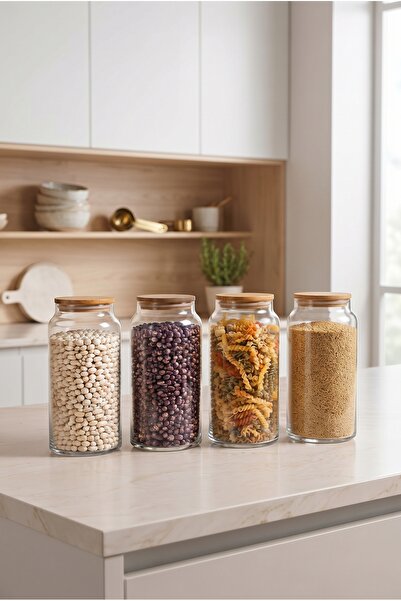 Glass&Grace 4'Lü 1300 ML Cam Erzak Kavanozu – Şık Tasarım, Dayanıklı Cam, Mut...