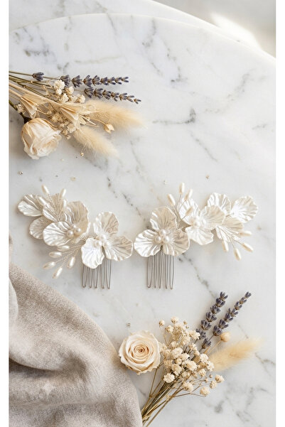 Bella Grace 𝗕𝗲𝗹𝗹𝗮 𝗚𝗿𝗮𝗰𝗲 inci detaylı sedefli saç Aksesuar Düğün, Ni...