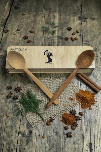 TROYAN 1868 30 cm Large Size Natural Olive and Cinnamon Wood Spoon Set |   In Gift Wooden Box