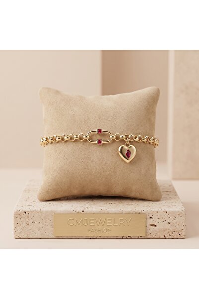 CM Jewelry Vıp Seri 316L Çelik Gold Renk Kırmızı Taşlı Kalp Charm Bileklik 17...