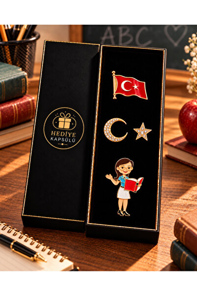 PULİNİN DÜKKANI Öğretmen Temalı Broş Seti – Kitaplı Kadın, Ay Yıldız ve Bayra...