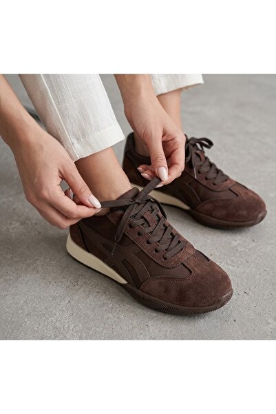 guijarro Kadın Kahverengi Süet Streç Dokulu Boyfriend Tarzı Retro Sneaker
