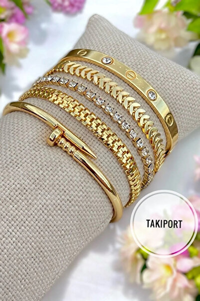 TAKIPORT مجموعة أساور نسائية باللون الذهبي مكونة من 5 قطع تناسب كل معصم