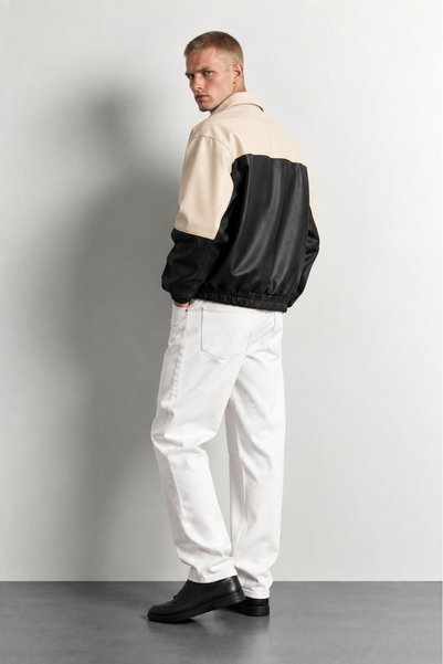 Mach Men's Oversize Bomber Leather Jacket with Fur Inside