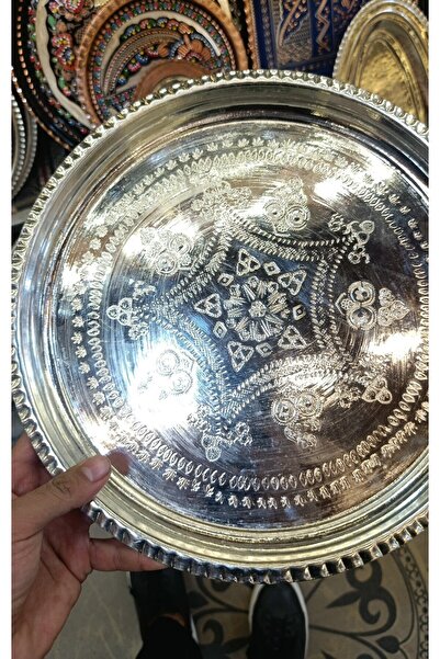 Genel Markalar Bakır El İşlemeli Nikelli Tepsi 39 cm (1mm)