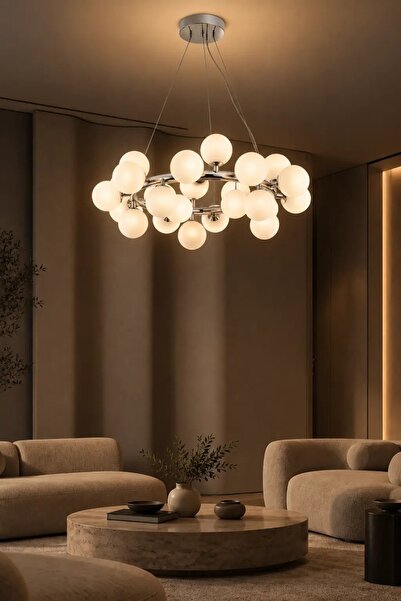 Elvora Home Modern (PREMİUM) 25'li Sarkıt Avizesi Krom Gövde Küre Salon Mutfa...