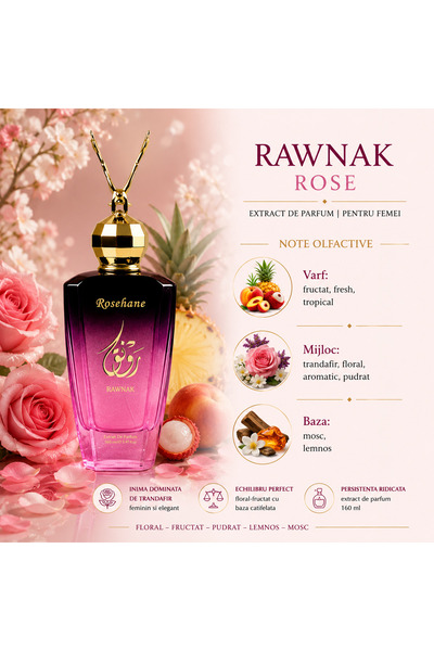 Eau Dubai Rounak Rose – Extract de Parfum, Rosehane, 160ml, Femei