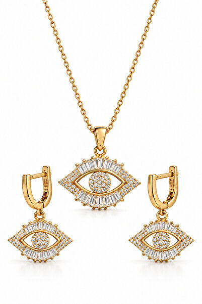 Shinestar atelier Zirkon Taşlı Göz Figürlü Kolye ve Küpe Takı Seti Gold | Mar...