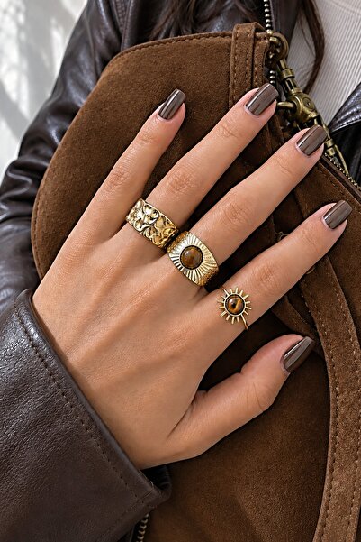 KİRAZ ÇİÇEĞİ JEWELRY Kore Tarzı Vintage Gold 3lü Yüzük Seti