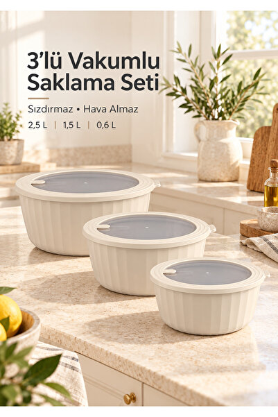 Okyanus Home HGY Home Vakumlu Şeffaf Kapaklı Premium 3'lü Set Bej Rengi Sakla...