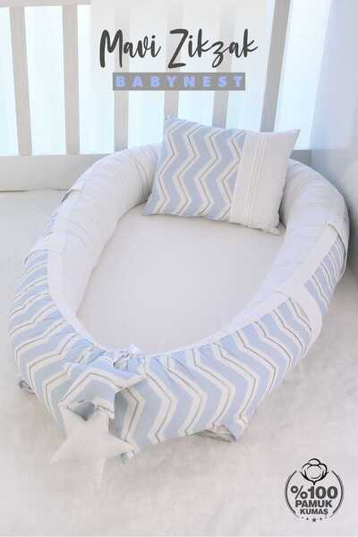 Umaybebek Babynest, Baby Sleeping Bed 0-2 Years - Cotton Fabric - Blue Zigzag