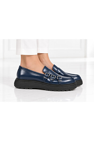 Oneka Shoes Kadın Günlük Loafer üç tokalı Lacivert mat rugan 120926ELÜTL1508