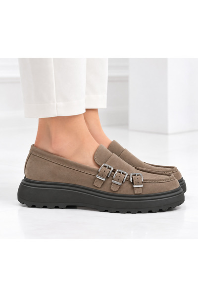 Oneka Shoes Kadın Günlük Loafer üç tokalı Vizon süet 120926ELÜTV1749