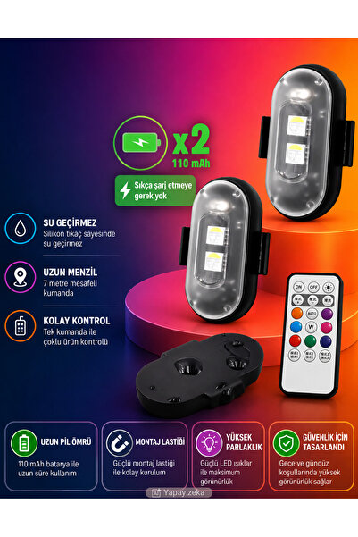 Unichrome Uzaktan Kumandalı 2'li Çakar Led/Şarjlı Mini Led Işık/Drone Işığı/Anti Çarpışma Uyarı Işığı