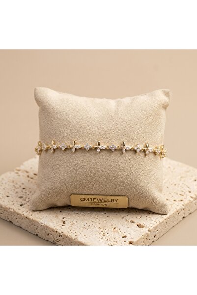 CM Jewelry Vıp Seri 316L Çelik Gold Renk Markiz Kesim Taşlı Çiçek Figürlü Zar...