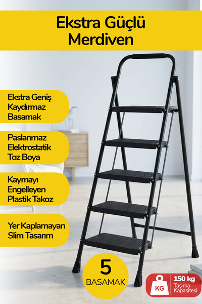 İronika 5 Basamaklı Katlanır Metal Merdiven Sağlam Gövde Dekoratif Geniş Basa...