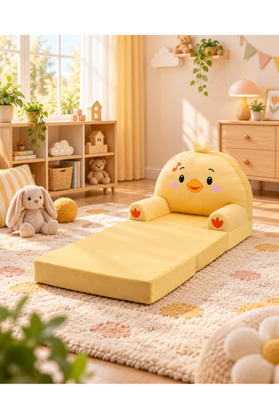 Pufu Toys Civciv Katlanabilir Peluş Çocuk Koltuğu ve Yatak 120 cm – Portatif Yıkanabilir Çocuk Koltuğu