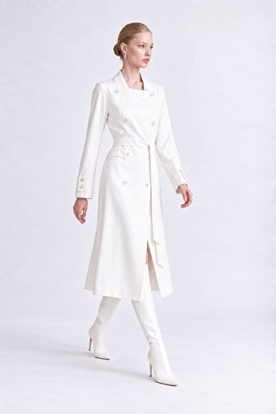 Levidor Long Double-Breasted Belted Buttoned Trench Coat White