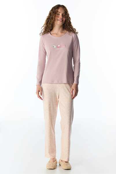 Penti Açık Pembe Naps&cats Kedi Desenli Uzun Kollu Pantolon Pijama Takımı