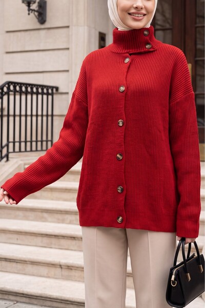 Modamorfo Half-High Collar, Buttoned Front, Casual Knitwear Cardigan - Red