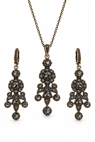 Shinestar atelier Otantik Siyah Taşlı Kolye Küpe Seti Eskitme Gold Renk Vinta...